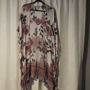 Nalini Floral Kimono Cottagecore Boho Linen Rayon Pink Green  roses OS